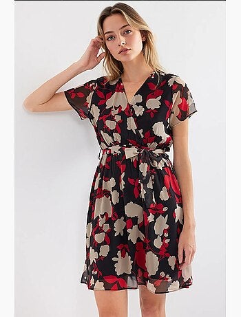 Robe courte fleurie à col v et ceinture bdart