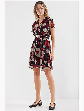 Robe courte fleurie à col v et ceinture bdart