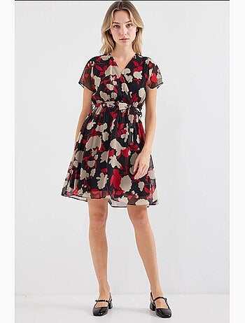 Robe courte fleurie à col v et ceinture bdart