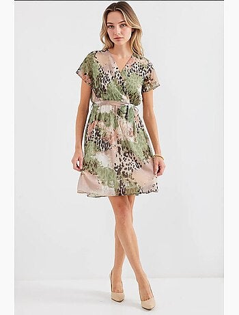 Robe courte fleurie à col v et ceinture bdart