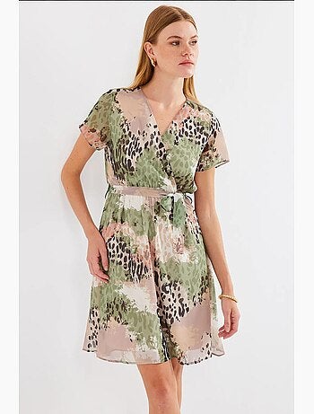 Robe courte fleurie à col v et ceinture bdart