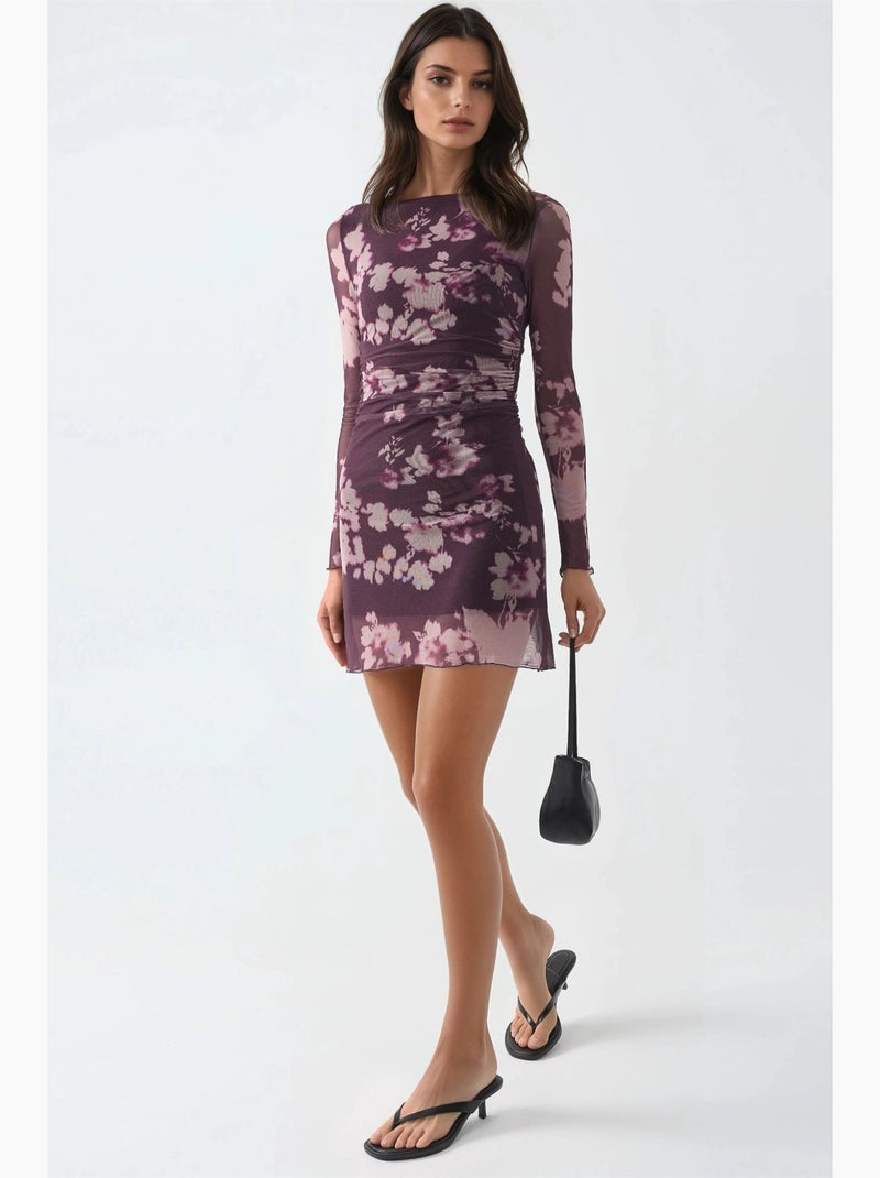 Robe courte fleurie à manches longues busem Violet aubergine - Kiabi