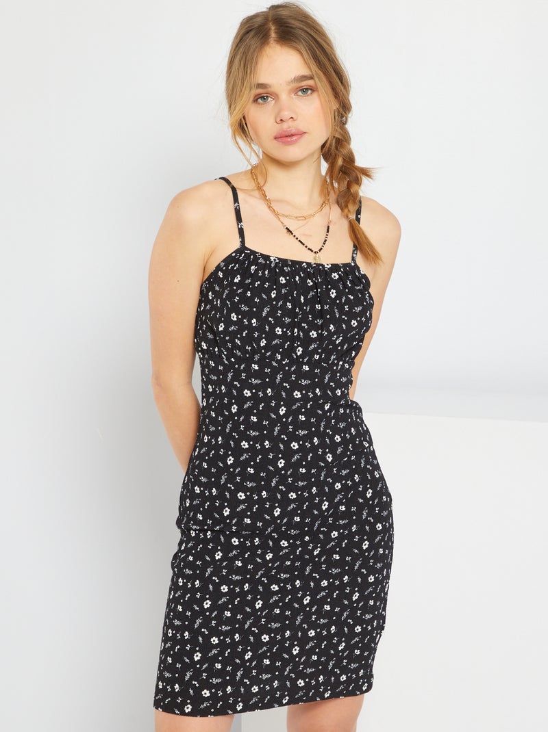 Robe courte fleurie en maille texturée noir - Kiabi