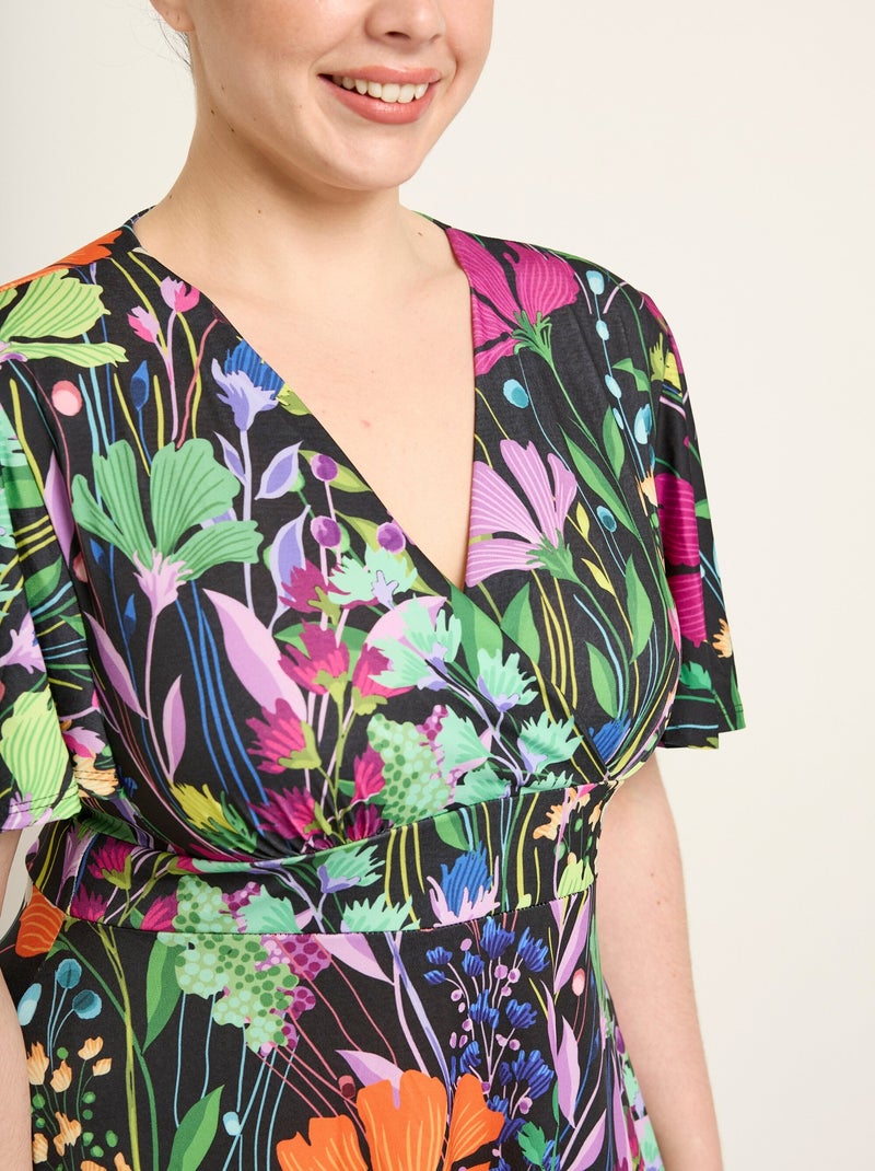 Robe courte fluide manches papillon, fleuri - Afibel Noir - Kiabi