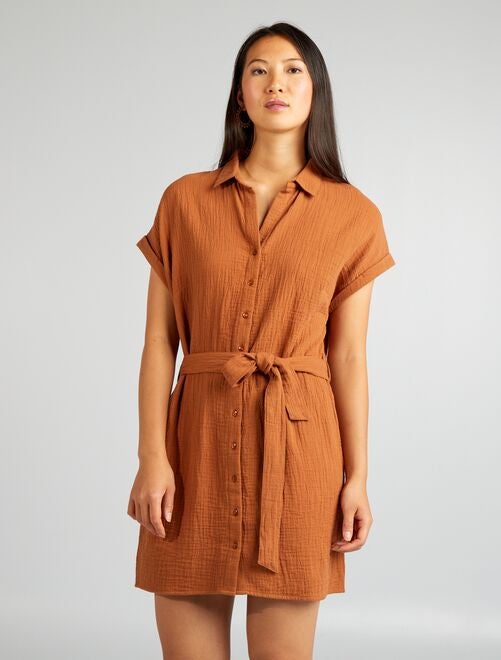 Robe courte forme chemise en double gaze de coton - Kiabi