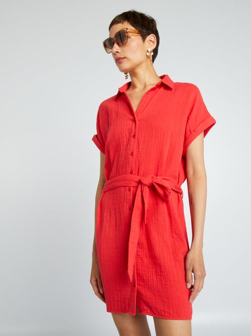 Robe courte forme chemise en double gaze de coton - Kiabi