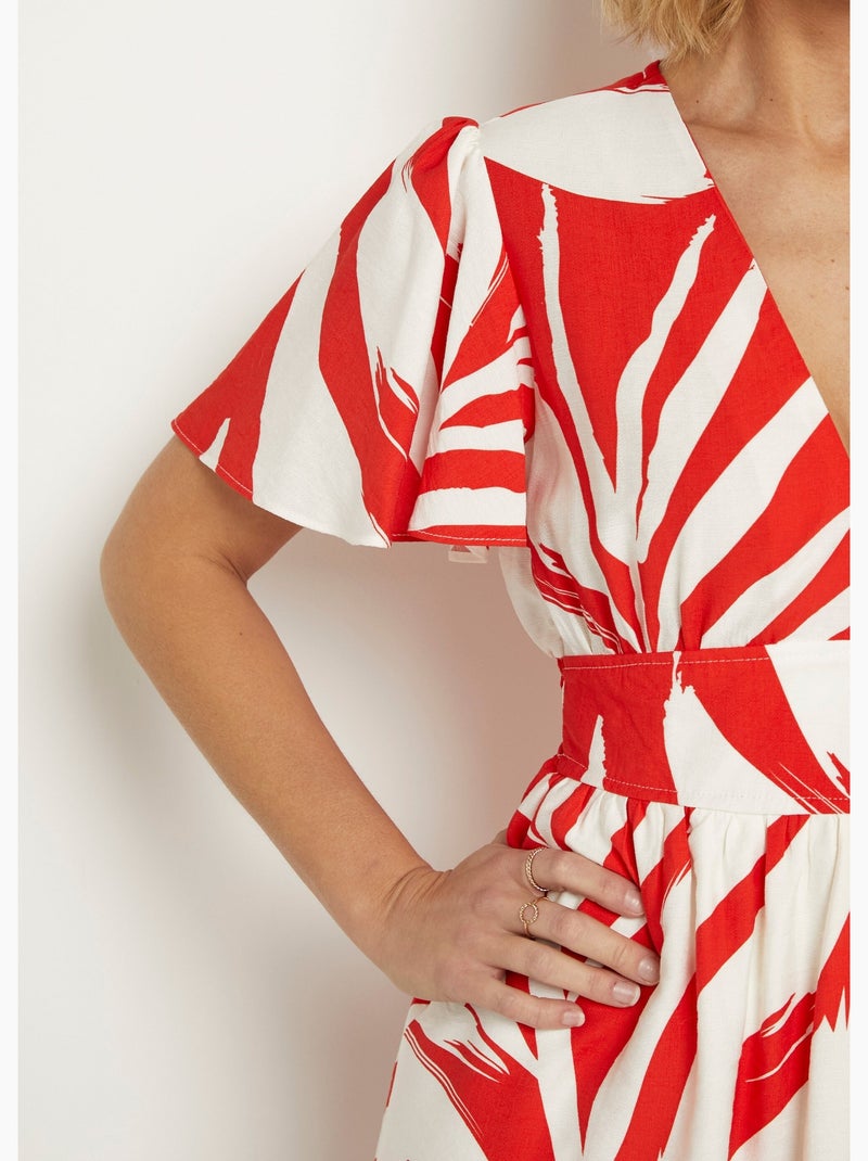 Robe courte imprimée col V manches papillon - AFIBEL Ecru/Rouge - Kiabi