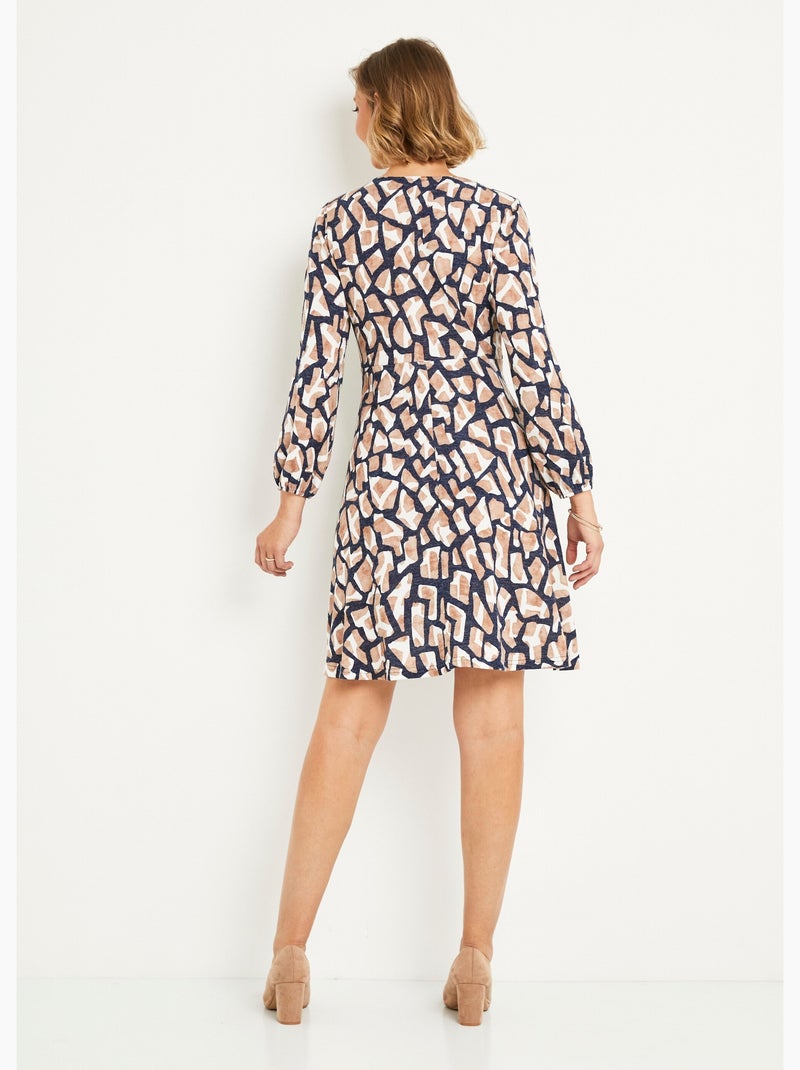 Robe courte maille graphique col V - Afibel Bleu Beige - Kiabi