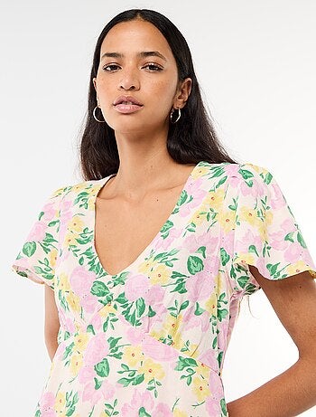 Robe courte manches papillons en coton et lin