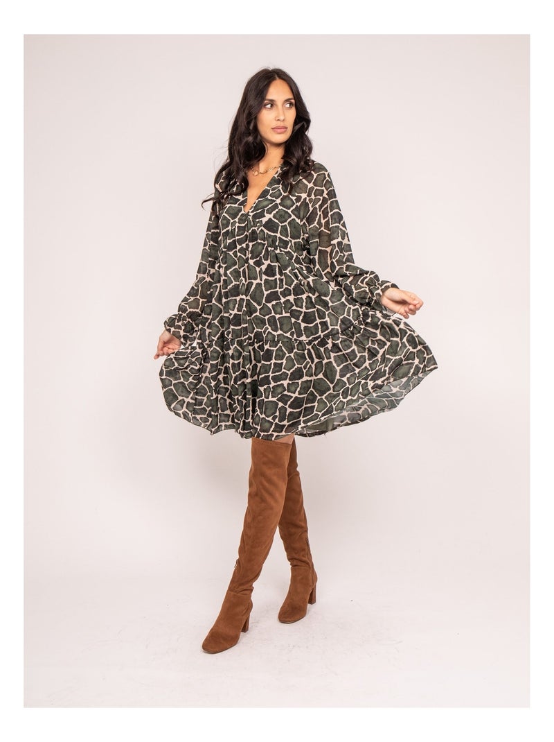 Robe courte motifs IFER Kaki - Kiabi