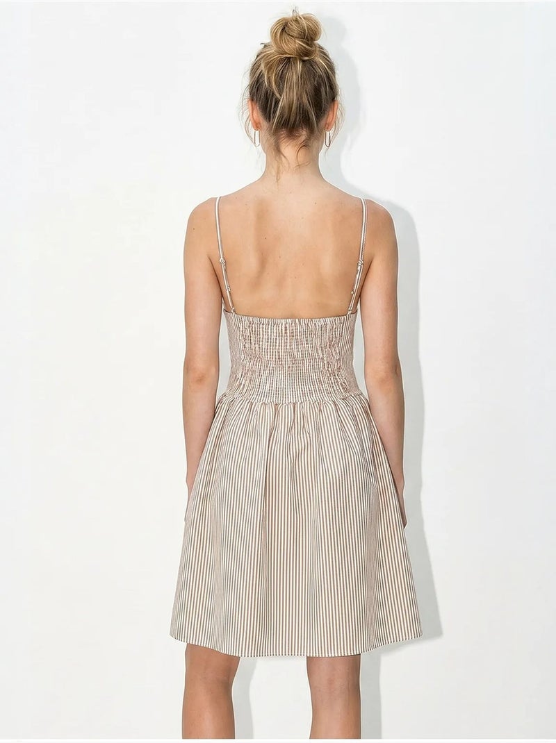 Robe courte patineuse sans manches à rayures et col v lucci Beige argile - Kiabi