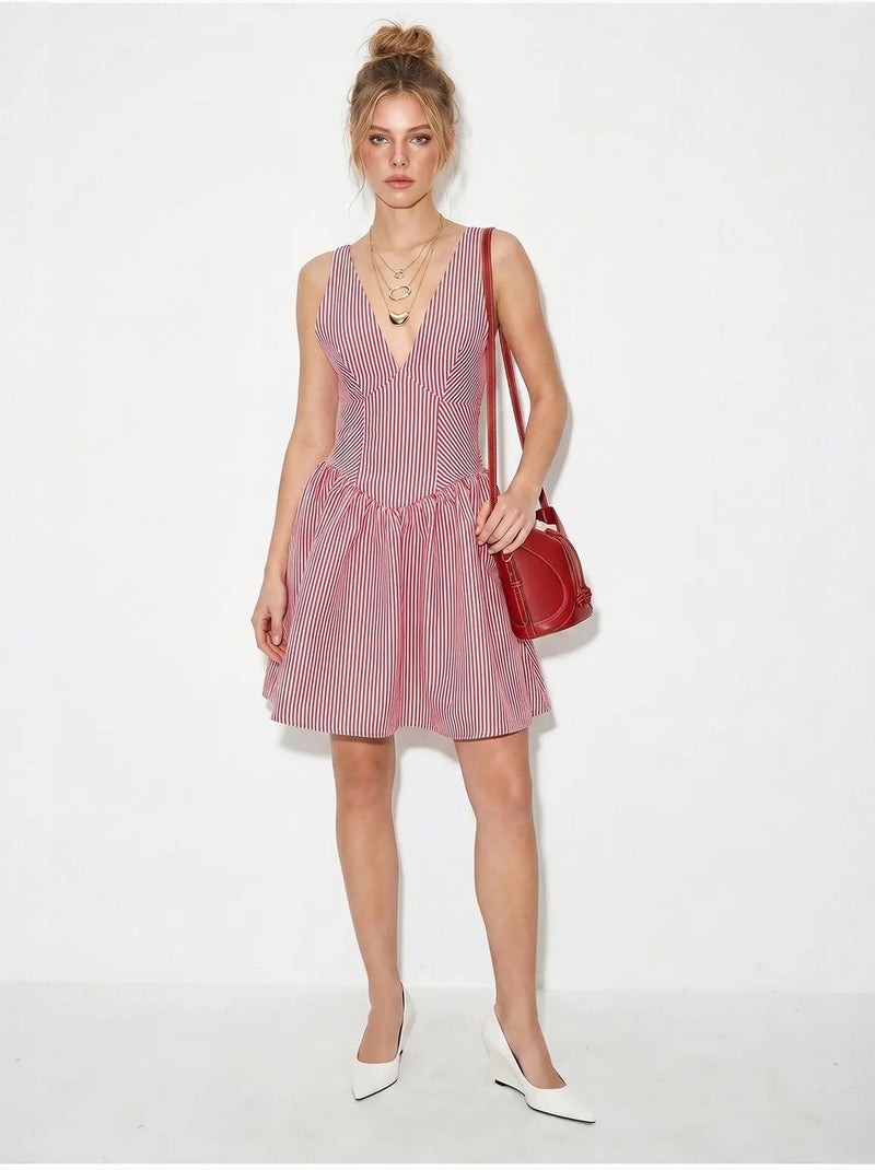 Robe courte patineuse sans manches à rayures et col v lucci Vieux rose - Kiabi