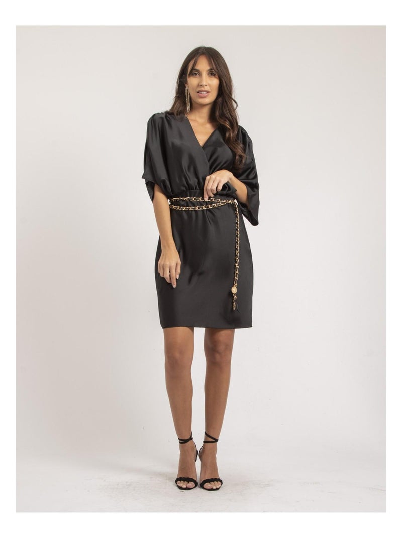 Robe courte portefeuille satin ILIZAN Noir - Kiabi