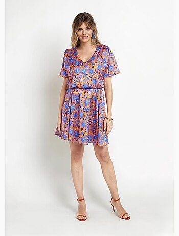 Robe courte satinée col V, motif fleuri - Afibel