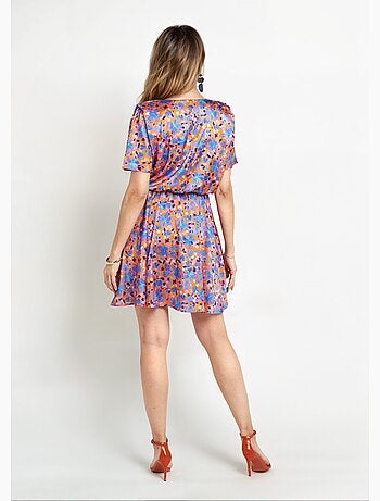 Robe courte satinée col V, motif fleuri - Afibel