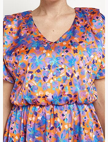 Robe courte satinée col V, motif fleuri - Afibel
