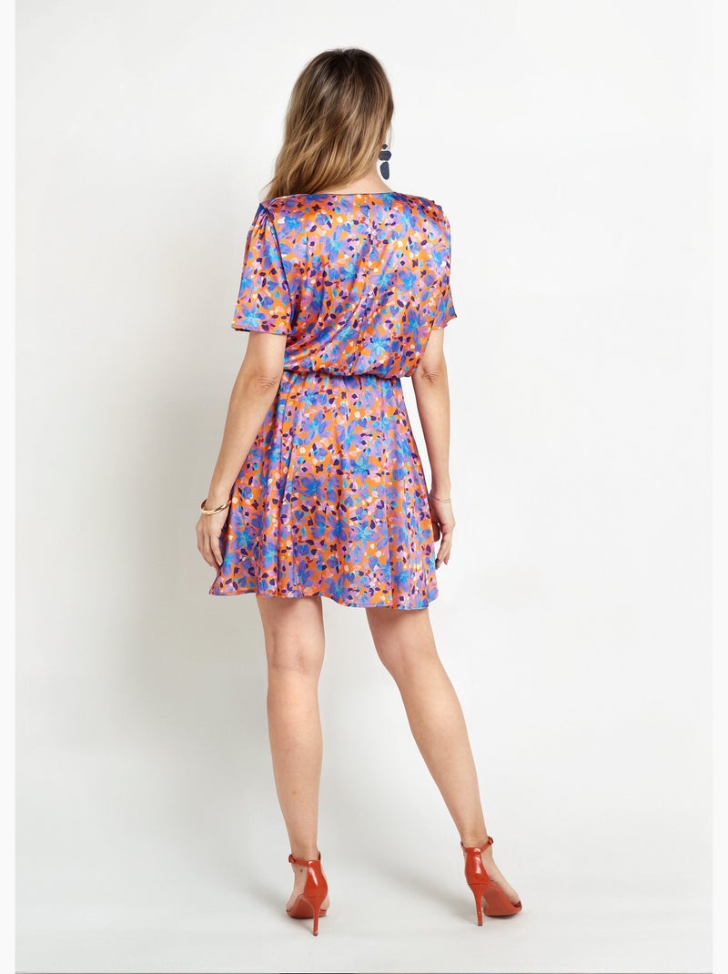 Robe courte satinée col V, motif fleuri - Afibel Orange/Violet - Kiabi