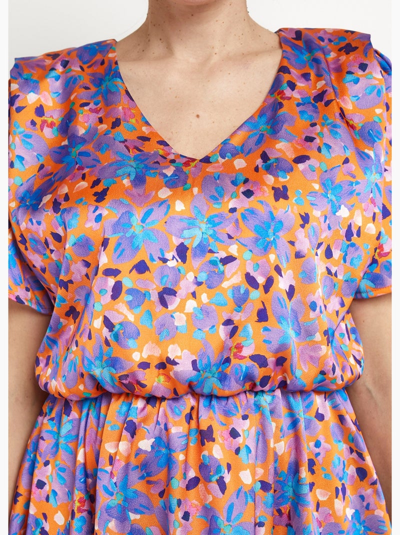Robe courte satinée col V, motif fleuri - Afibel Orange/Violet - Kiabi