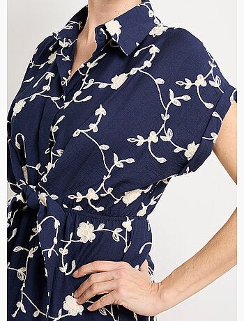 Robe courte taille nouée, fleurs brodées - AFIBEL