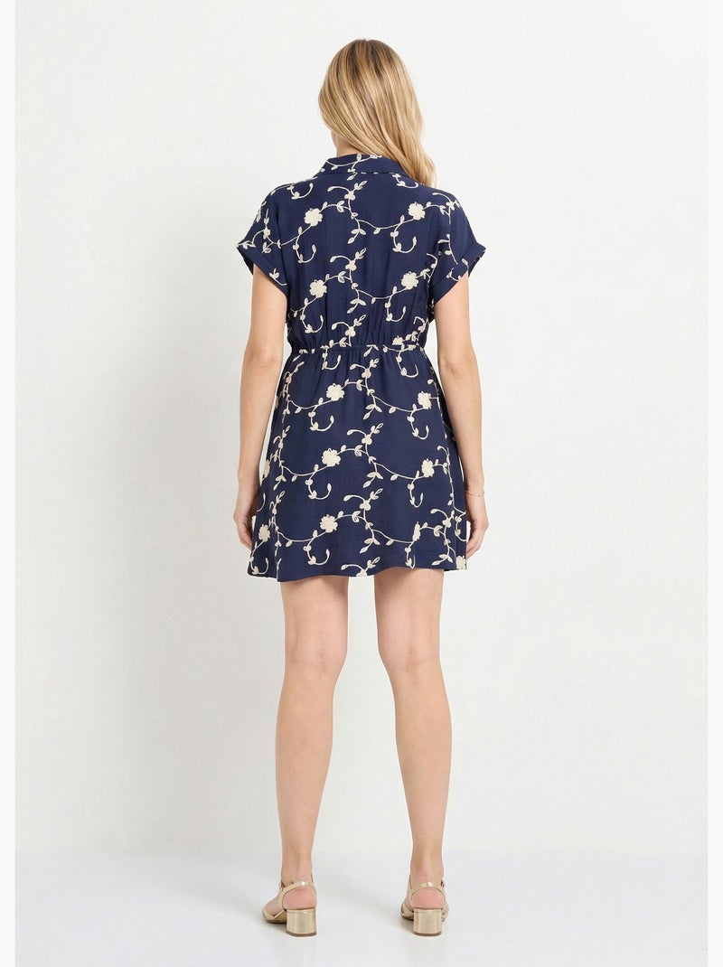 Robe courte taille nouée, fleurs brodées - AFIBEL Bleu marine - Kiabi