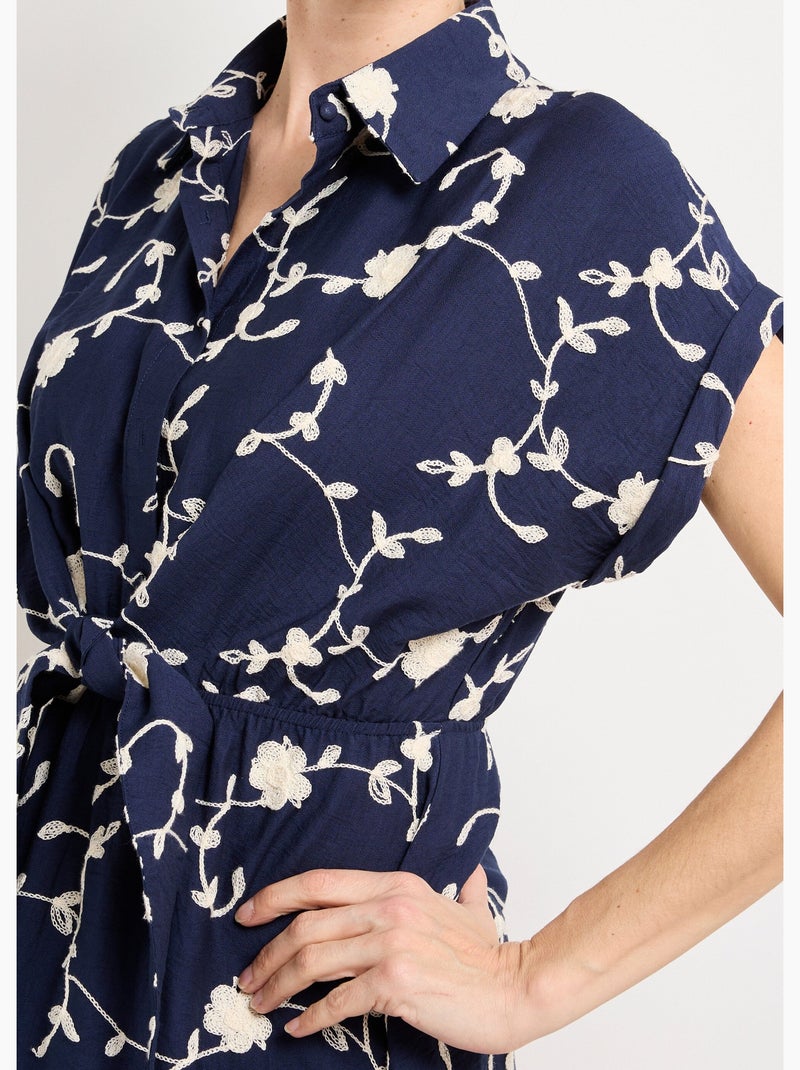 Robe courte taille nouée, fleurs brodées - AFIBEL Bleu marine - Kiabi