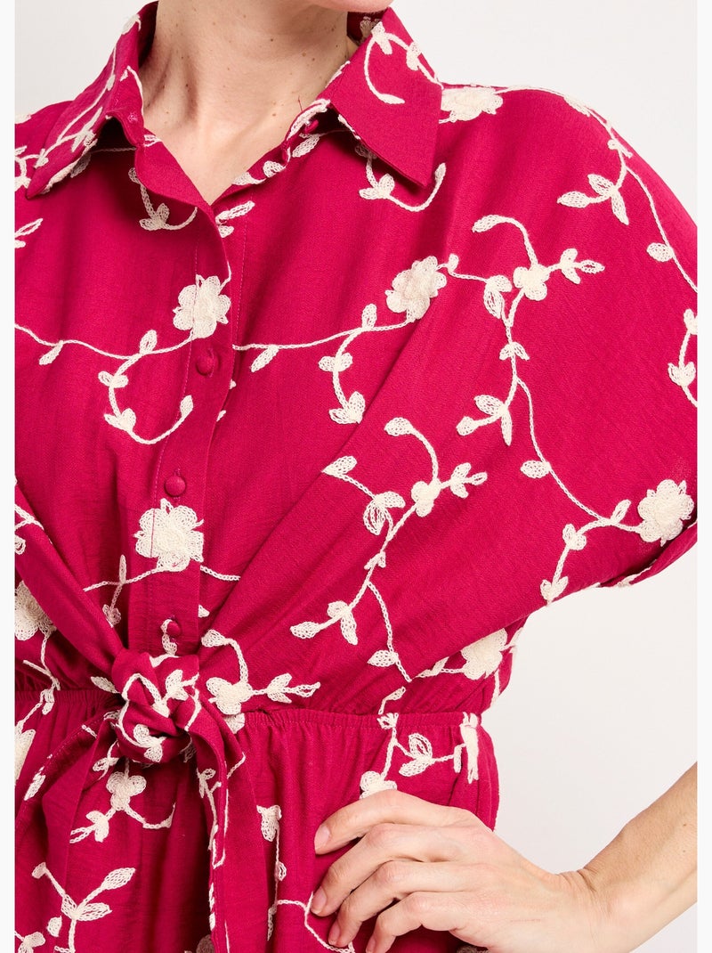 Robe courte taille nouée, fleurs brodées - AFIBEL Rose fushia - Kiabi