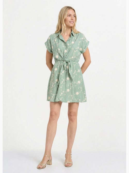 Robe courte taille nouée, fleurs brodées - AFIBEL - Kiabi