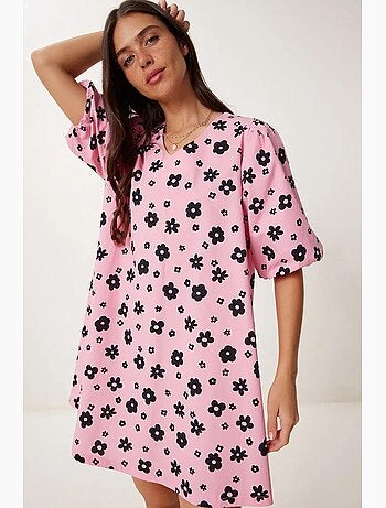 Robe courte trapèze à col v et imprimé floral istanbul