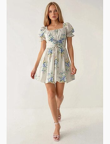 Robe courte trapèze à imprimé floral avec détail à nouer busem