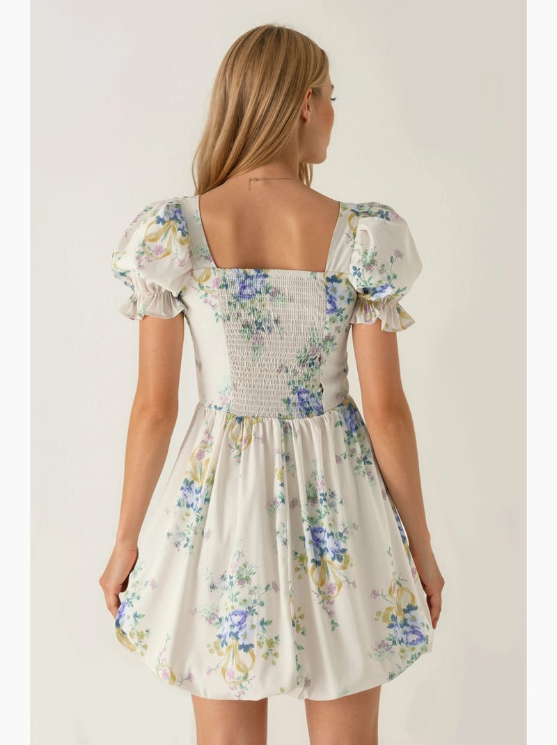 Robe courte trapèze à imprimé floral avec détail à nouer busem Crème - Kiabi