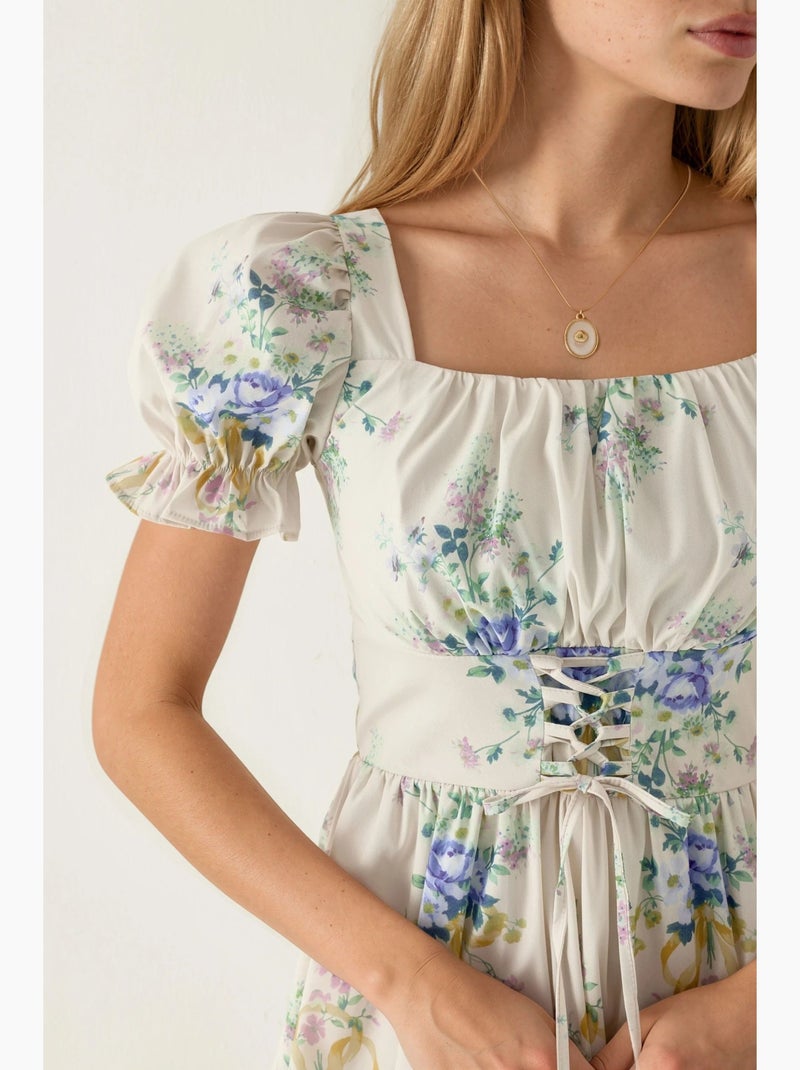 Robe courte trapèze à imprimé floral avec détail à nouer busem Crème - Kiabi