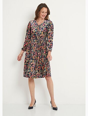 Robe courte velours ras fleuri col V évasée - Afibel