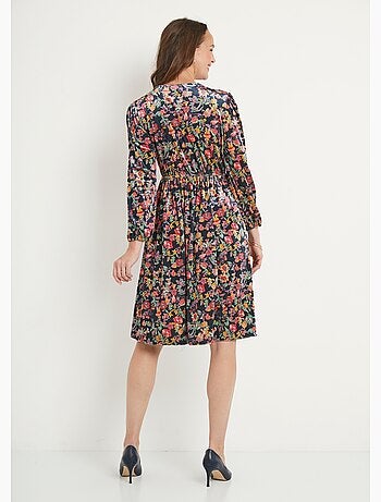 Robe courte velours ras fleuri col V évasée - Afibel