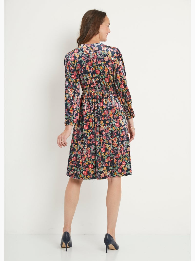 Robe courte velours ras fleuri col V évasée - Afibel Bleu Rose - Kiabi