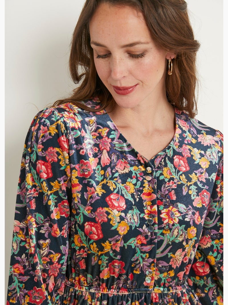 Robe courte velours ras fleuri col V évasée - Afibel Bleu Rose - Kiabi
