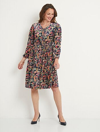 Robe courte velours ras fleuri col V évasée