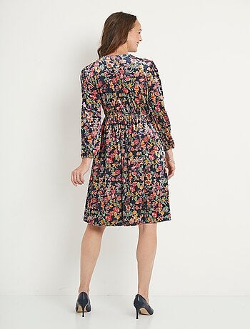Robe courte velours ras fleuri col V évasée