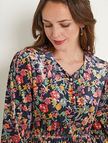 Robe courte velours ras fleuri col V évasée