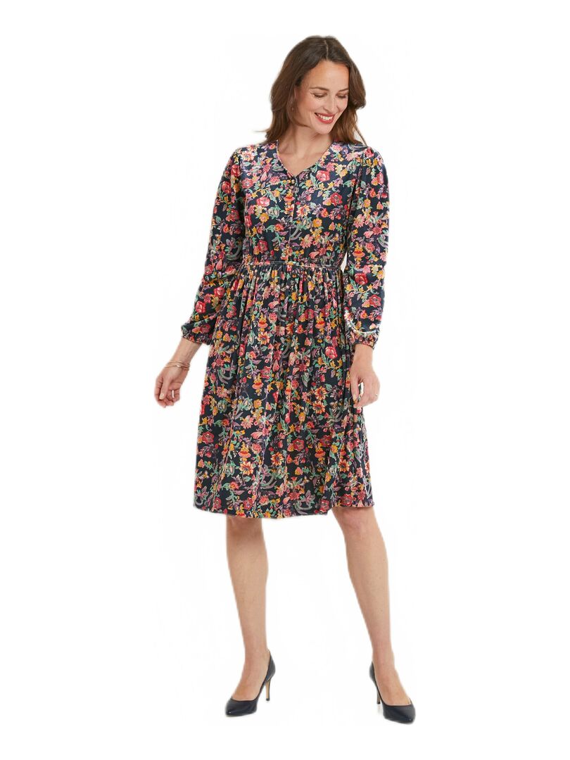 Robe courte velours ras fleuri col V évasée Multicolore - Kiabi