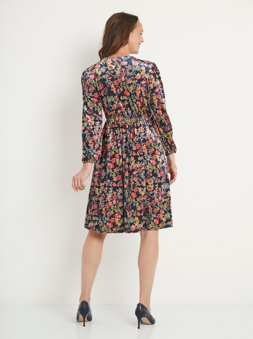 Robe courte velours ras fleuri col V évasée - Kiabi