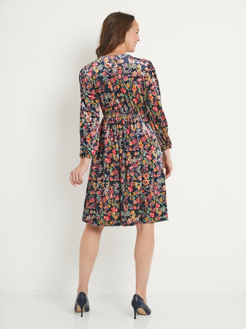 Robe courte velours ras fleuri col V évasée Multicolore - Kiabi