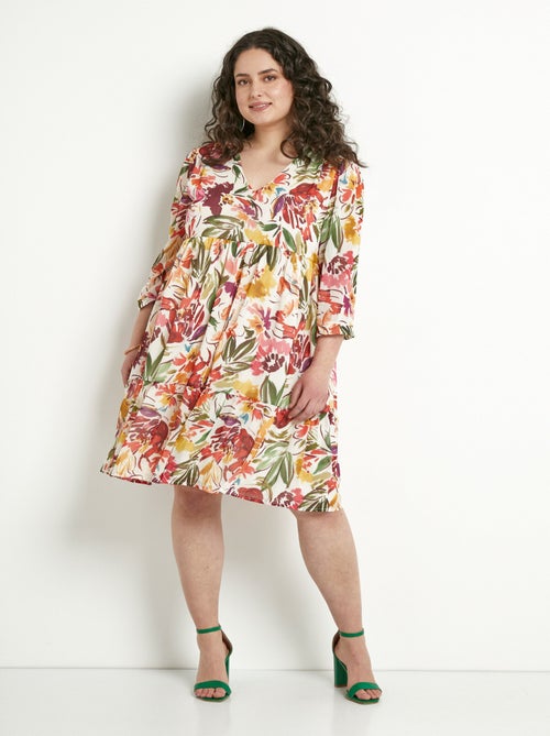 Robe courte volantée col V voile fleuri - Afibel - Kiabi