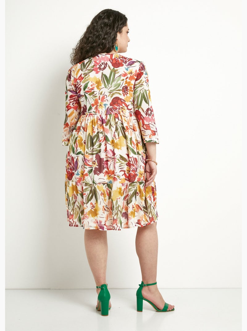Robe courte volantée col V voile fleuri - Afibel Multicolore - Kiabi