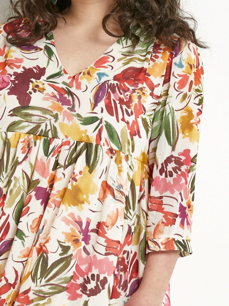 Robe courte volantée col V voile fleuri - Afibel Multicolore - Kiabi