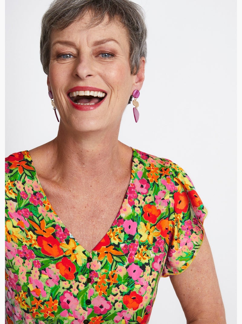 Robe courte volantée imprimé floral - Afibel Vert/Rouge - Kiabi
