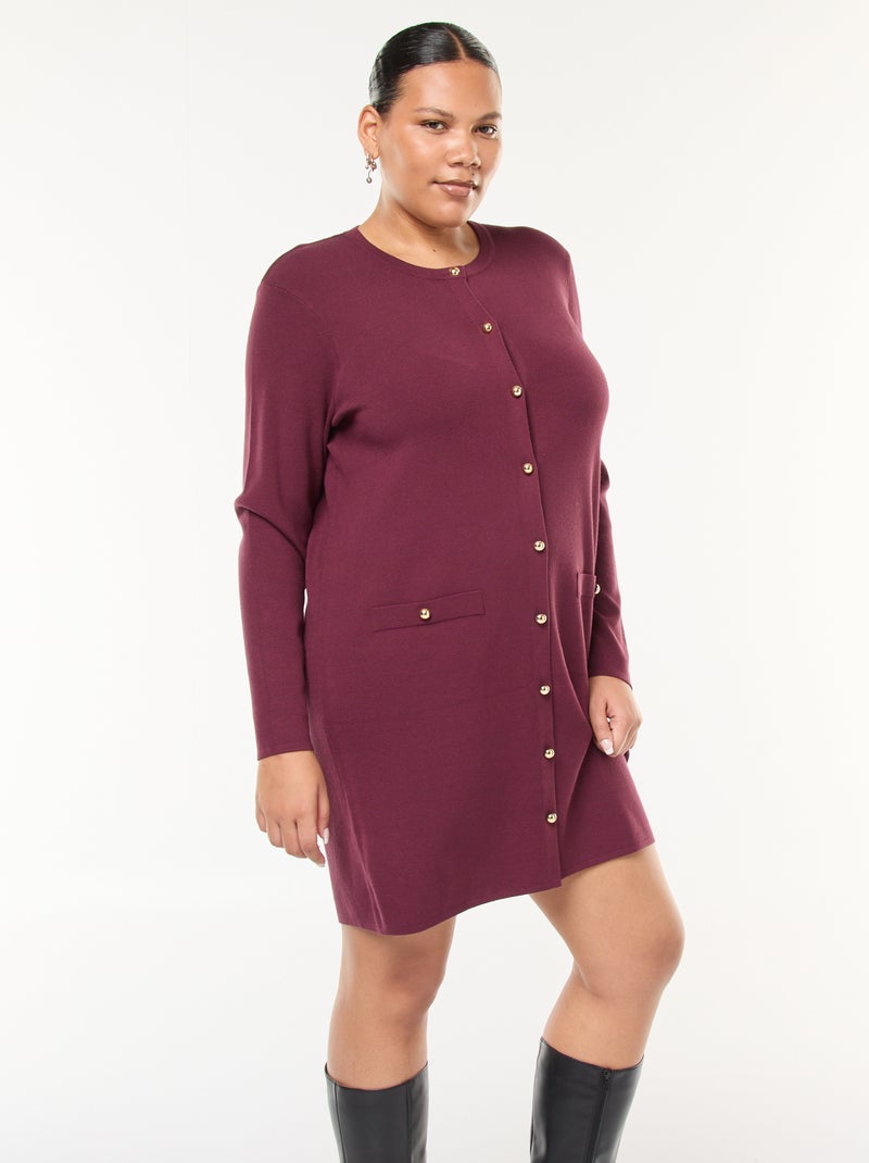 Robe courtes en maille fine col V et boutons dorés Rouge - Kiabi