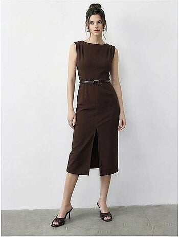 Robe crayon midi ceinturée à encolure bateau lucci
