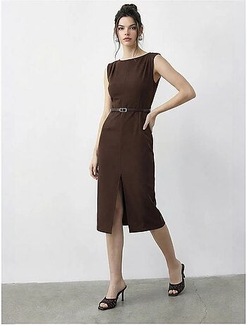 Robe crayon midi ceinturée à encolure bateau lucci