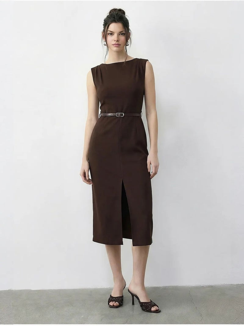 Robe crayon midi ceinturée à encolure bateau lucci Marron foncé - Kiabi