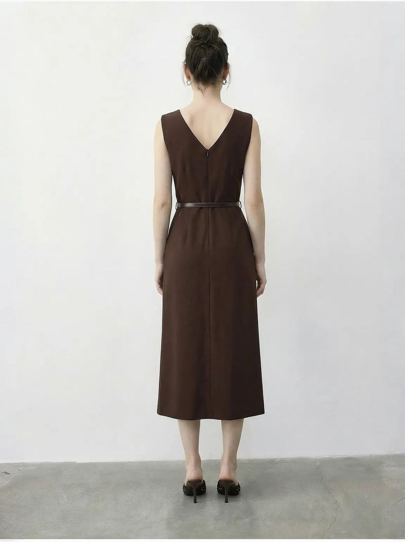 Robe crayon midi ceinturée à encolure bateau lucci Marron foncé - Kiabi